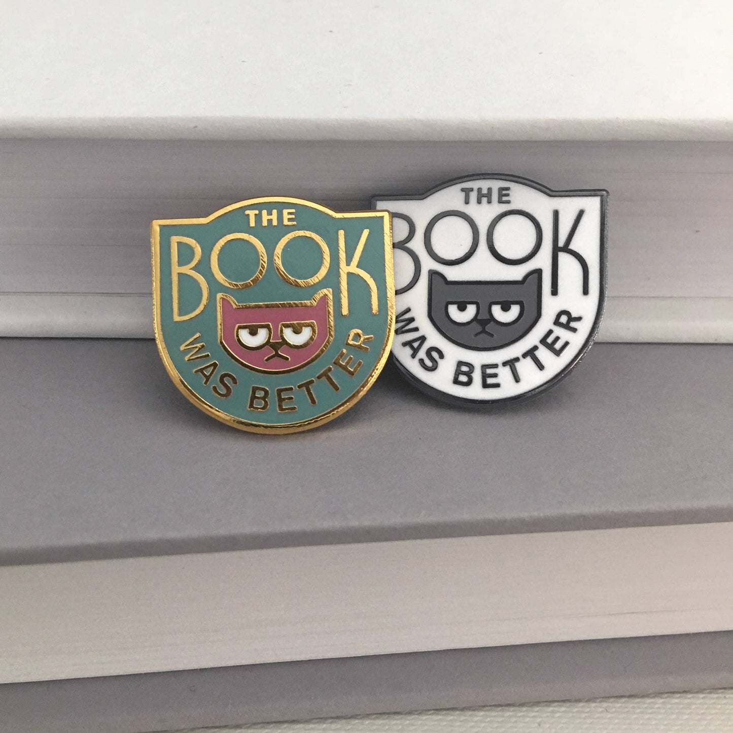The Book Was Better enamel pin - book snob cat pin: Gold/teal/maroon