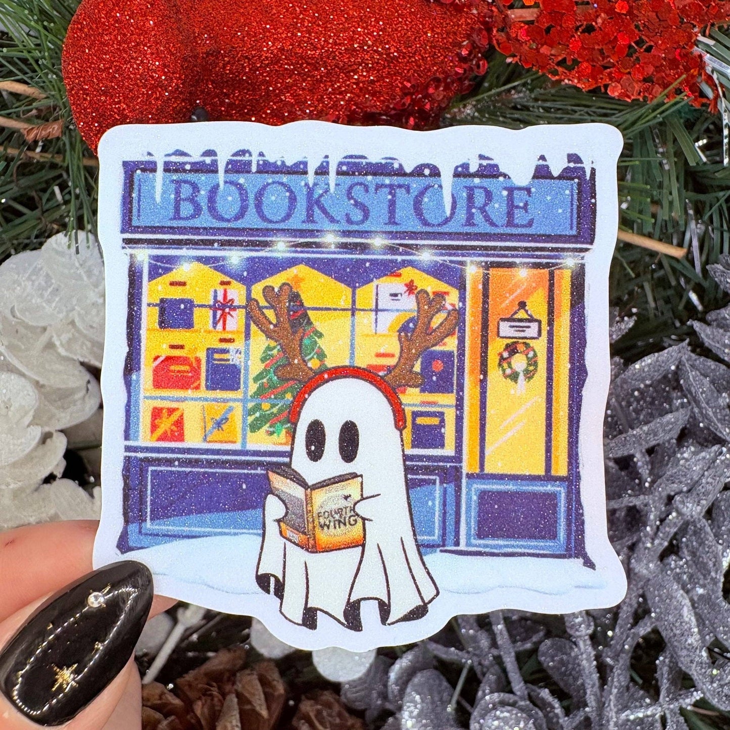 Holiday Ghost Reading Fourth Wing by Bookstore Sticker - snow sparkle finish